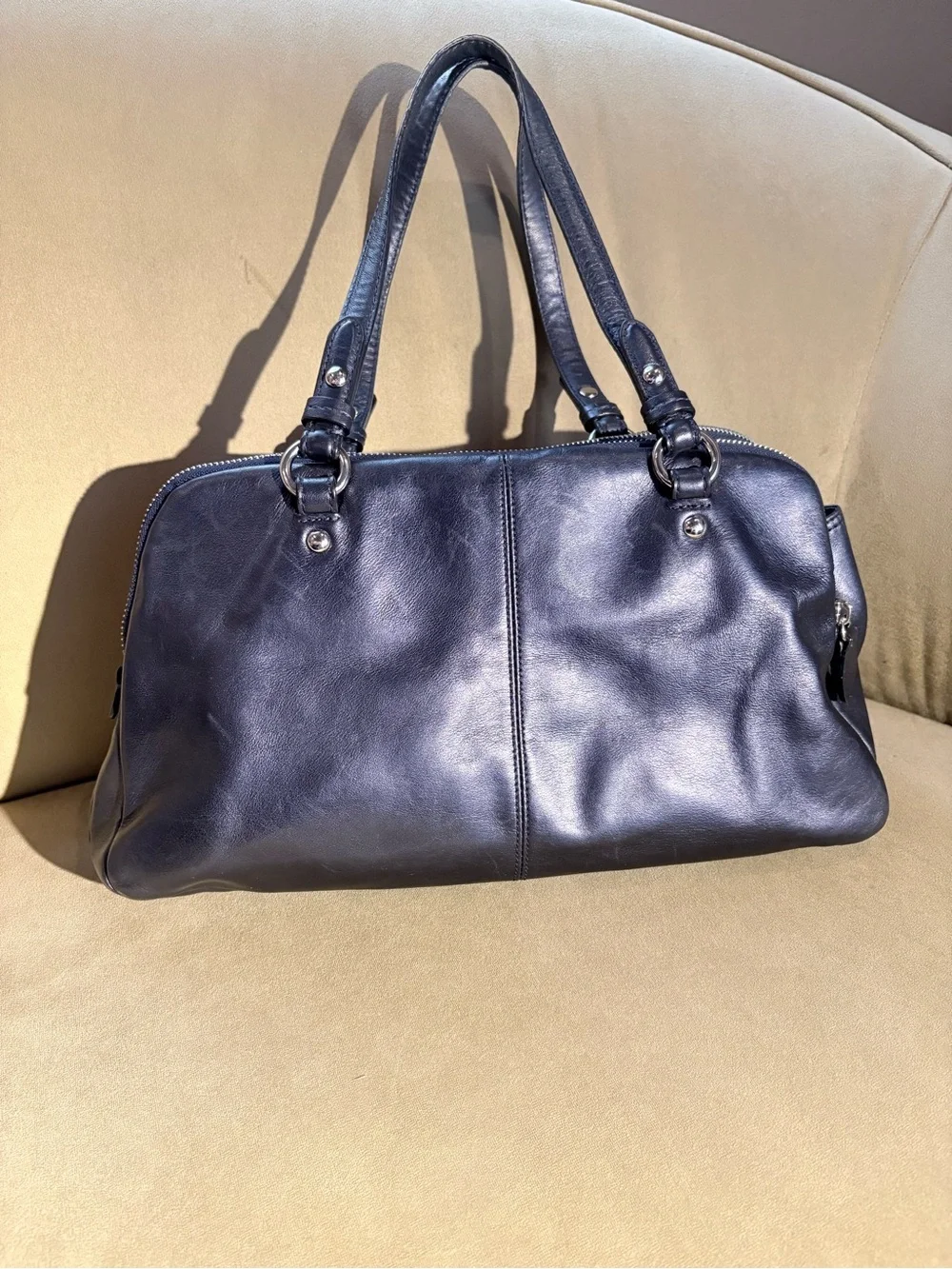 Coach Dark Navy Pearlescent Leather Double-Zip Shoulder Bag with Turn-Lock